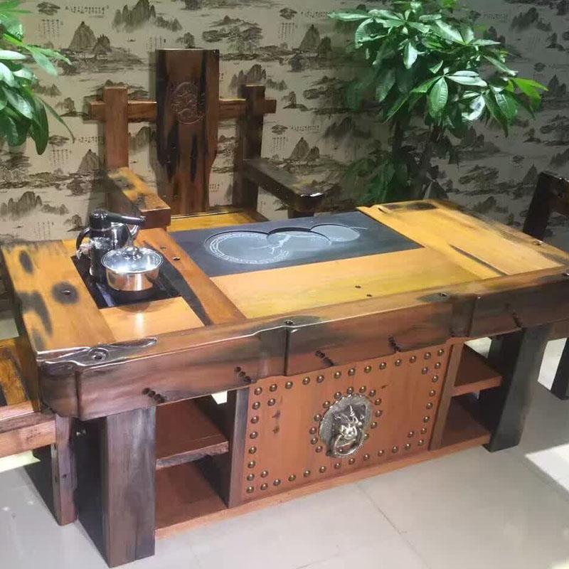 老船木茶桌椅组合仿古船木功夫茶台旧古船客厅小型全实木沉船茶几